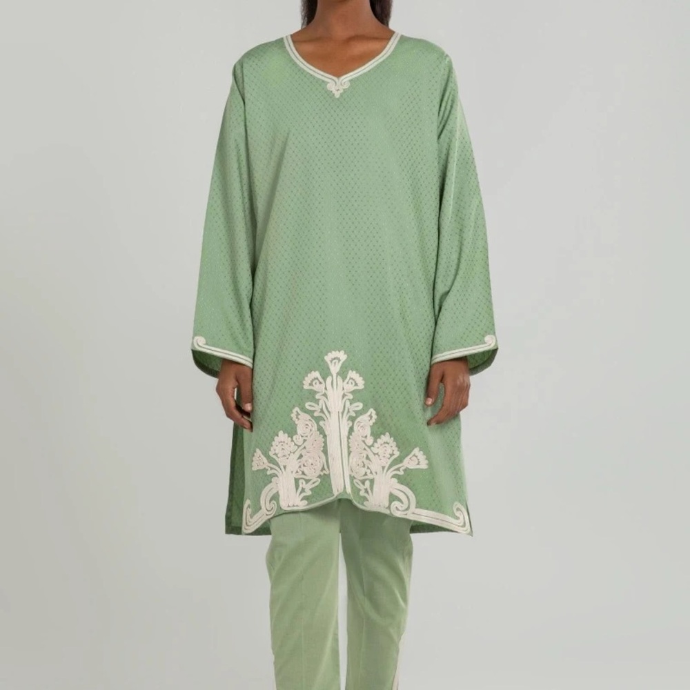 Sana Safinaz Green and Cream Embroidered Kurti - Top Only (Size XL)